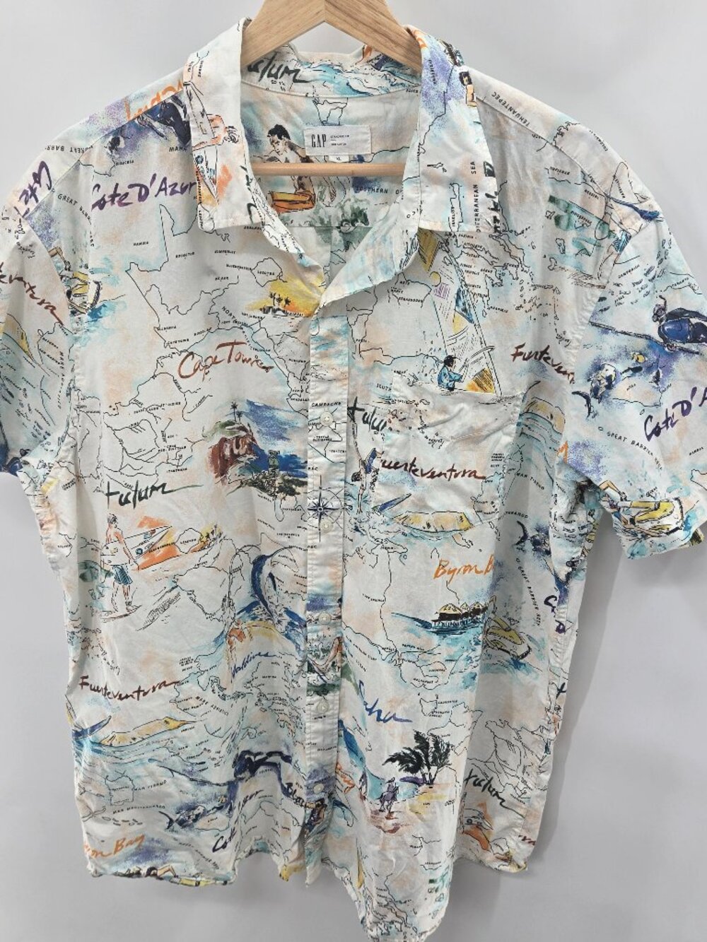 Gap Men's White World Map Summer Beach Print Short Sleeve Poplin Shirt XL